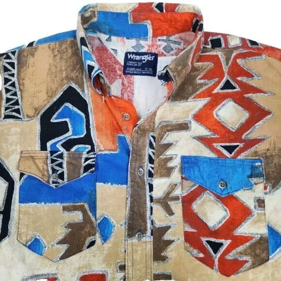 Wrangler Western Shirt Mens 17-35 Aztec Abstract‎ Print Vintage Brushpopper 90s